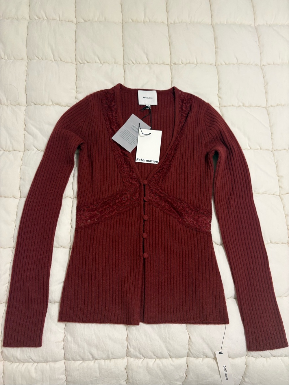Reformation Burgundy Ribbed Lace-Trim Cashmere Cardigan, Size Small